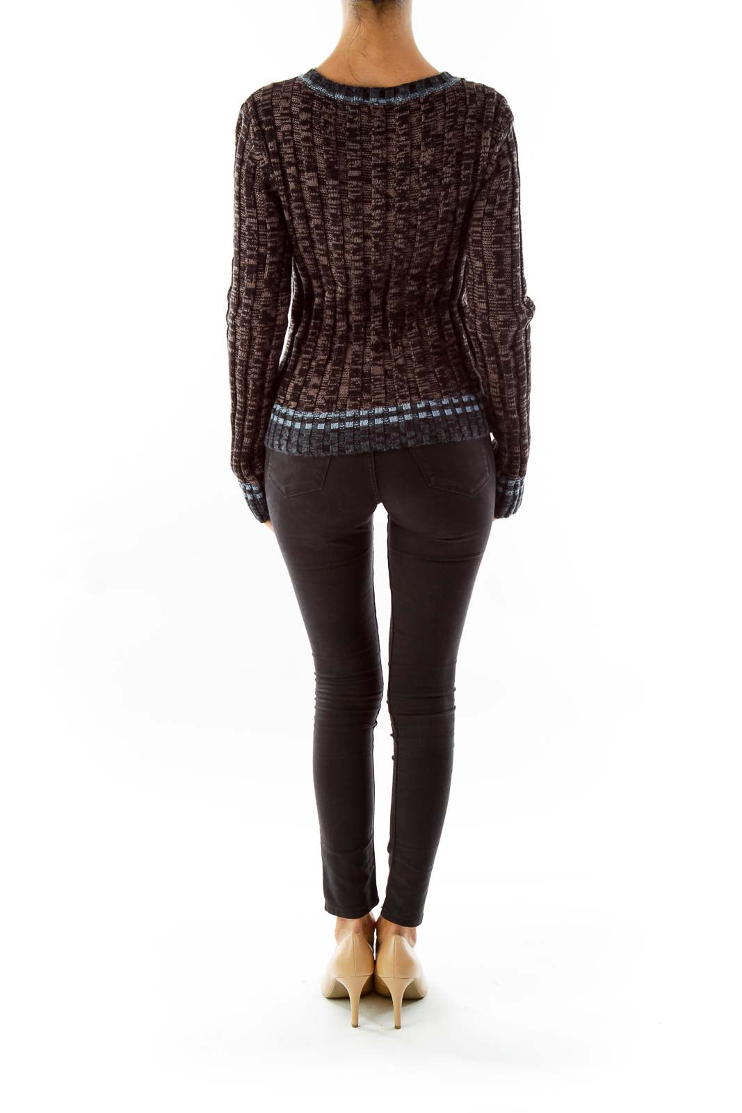 Back view of brown textured Free People cardigan showing fitted silhouette