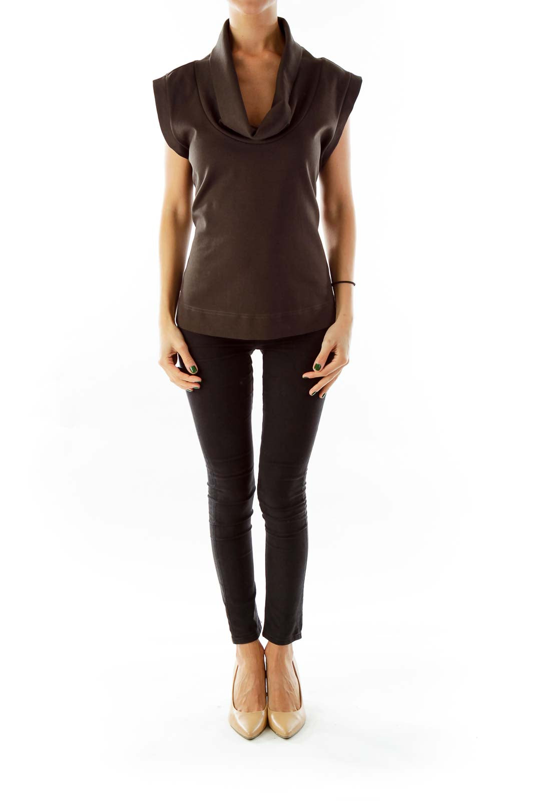 Brown Cowl Neck Sleeveless Top