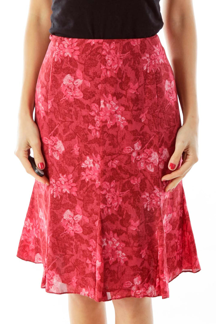 Red Flower Print Flared Skirt