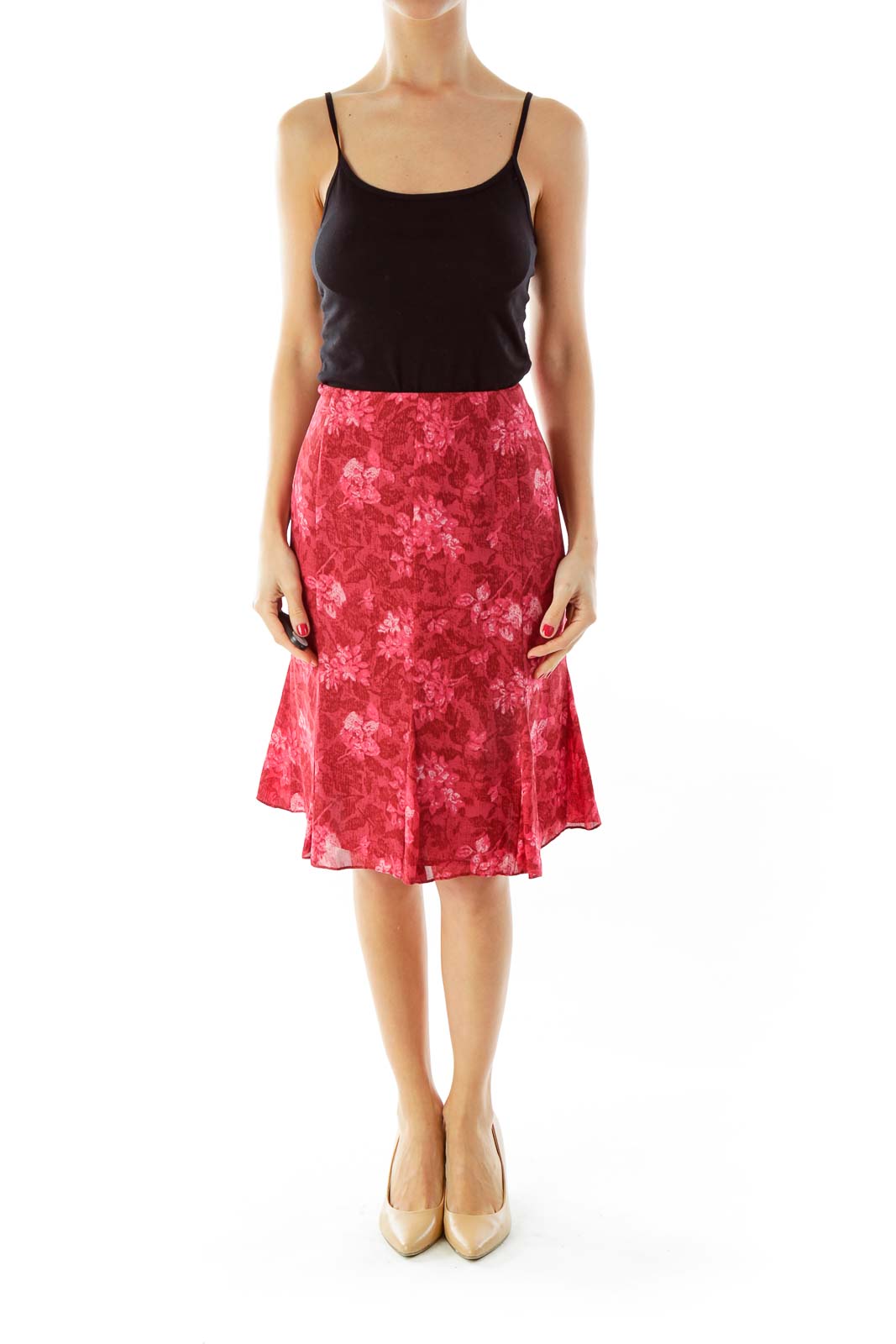 Red Flower Print Flared Skirt