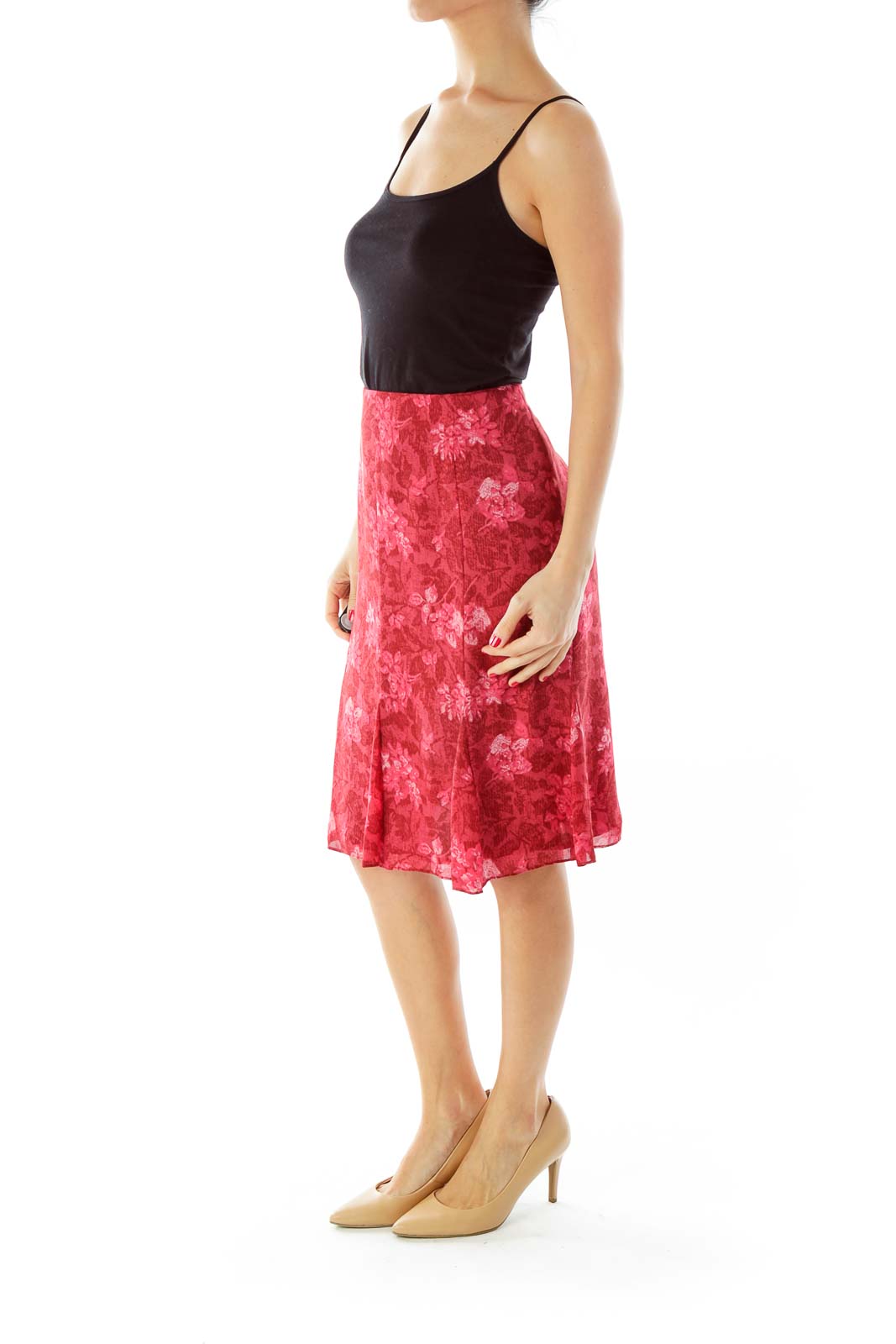 Red Flower Print Flared Skirt