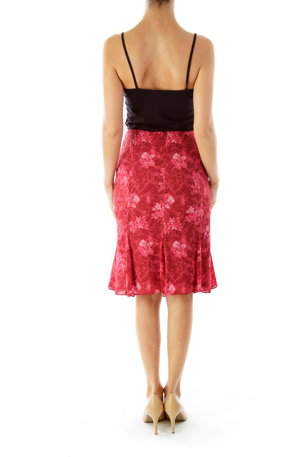 Red Flower Print Flared Skirt