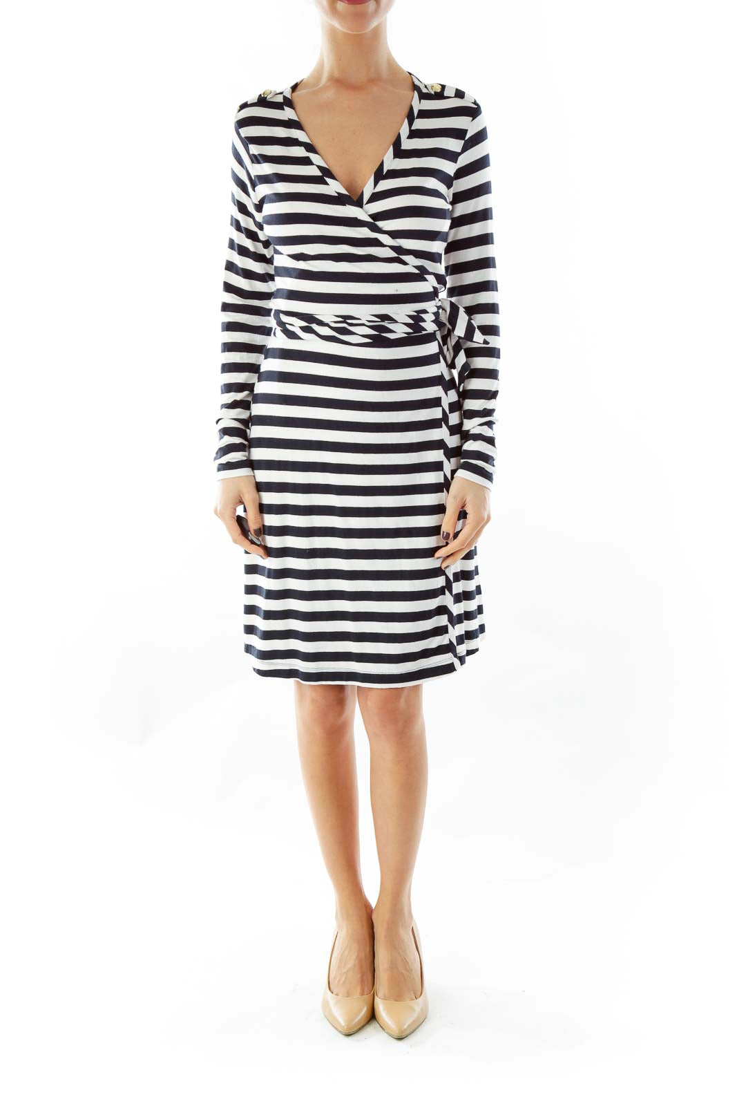 Navy Blue & White Striped Wrap Dress