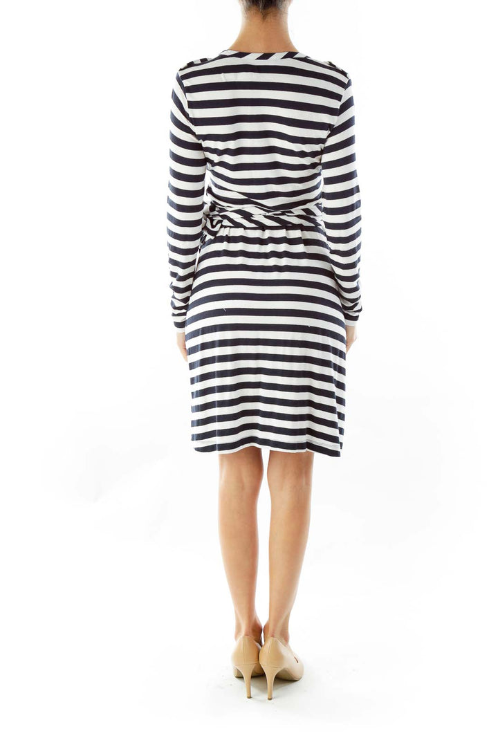 Navy Blue & White Striped Wrap Dress