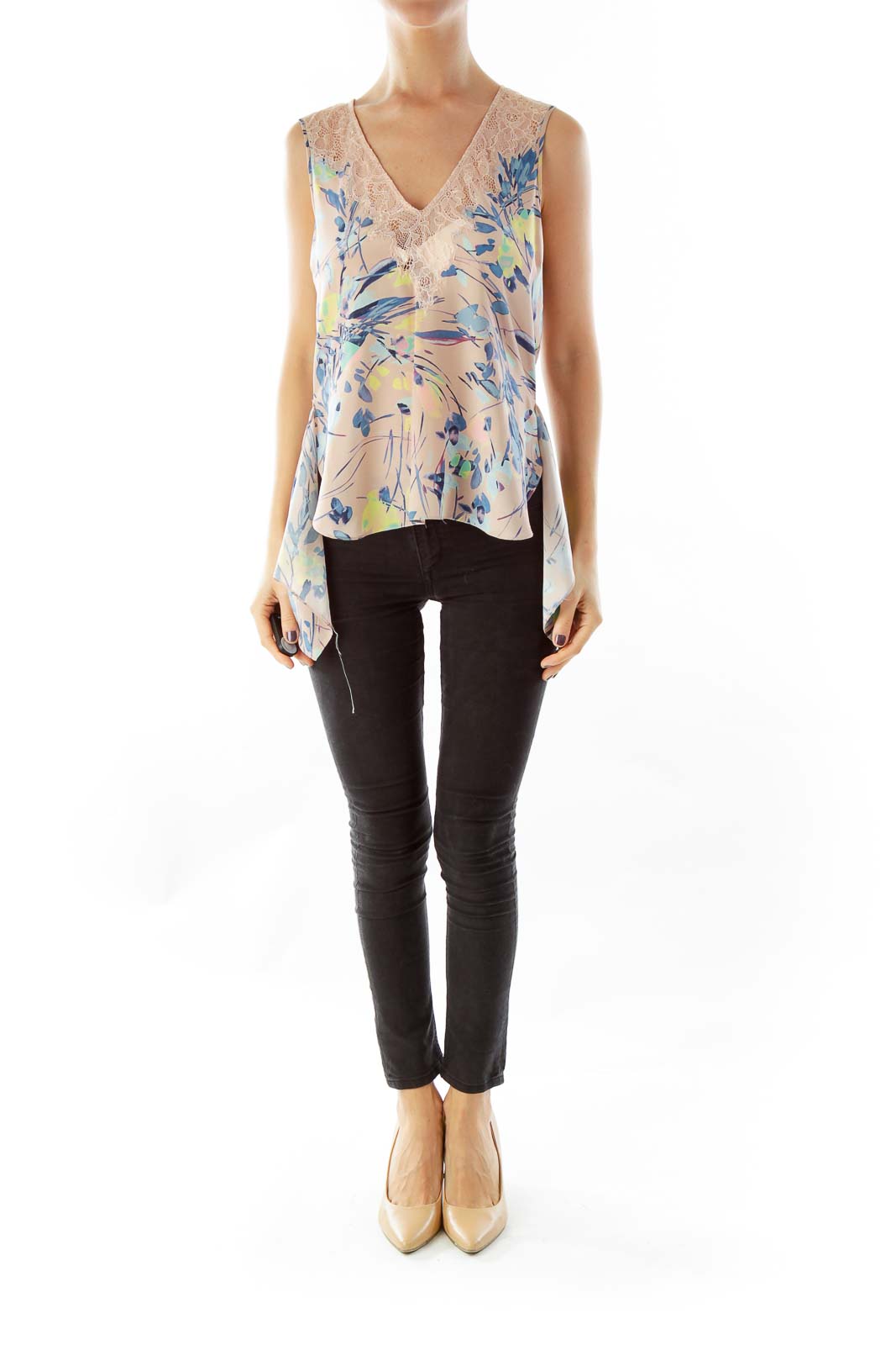 Floral Printed Sleeveless Lace Blouse