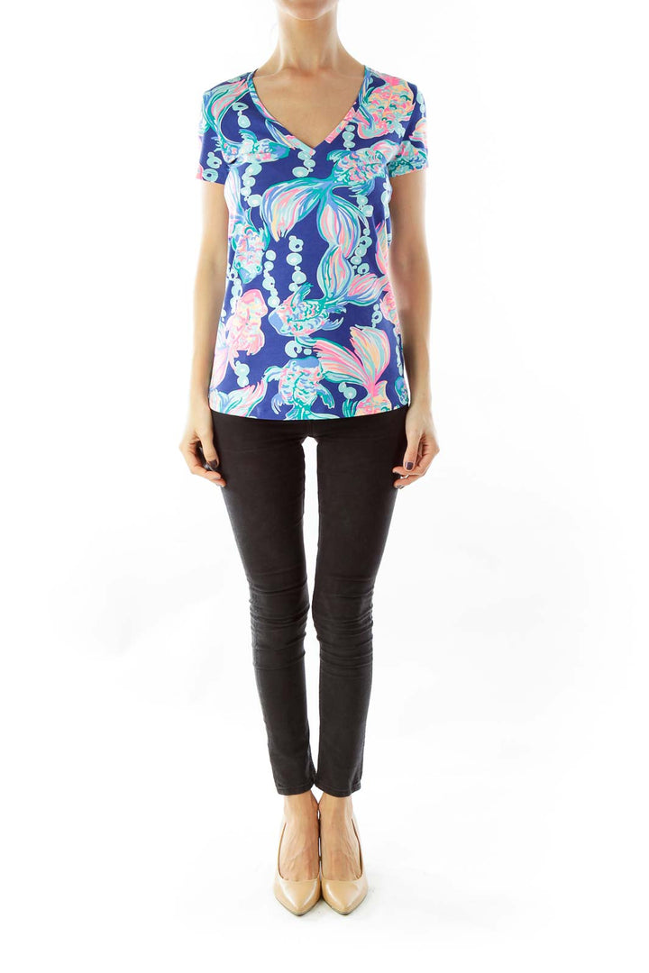 Blue Fish Printed V-Neck Tee