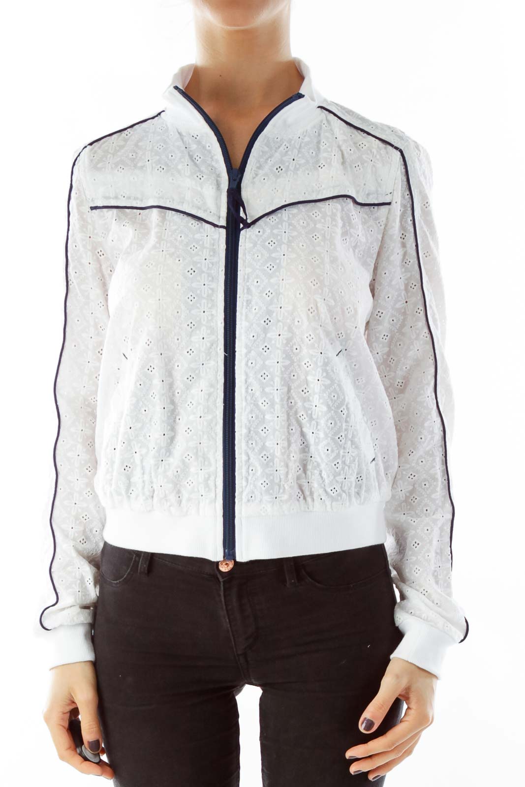 Front view of Free People white eyelet lace bomber jacket with navy trim