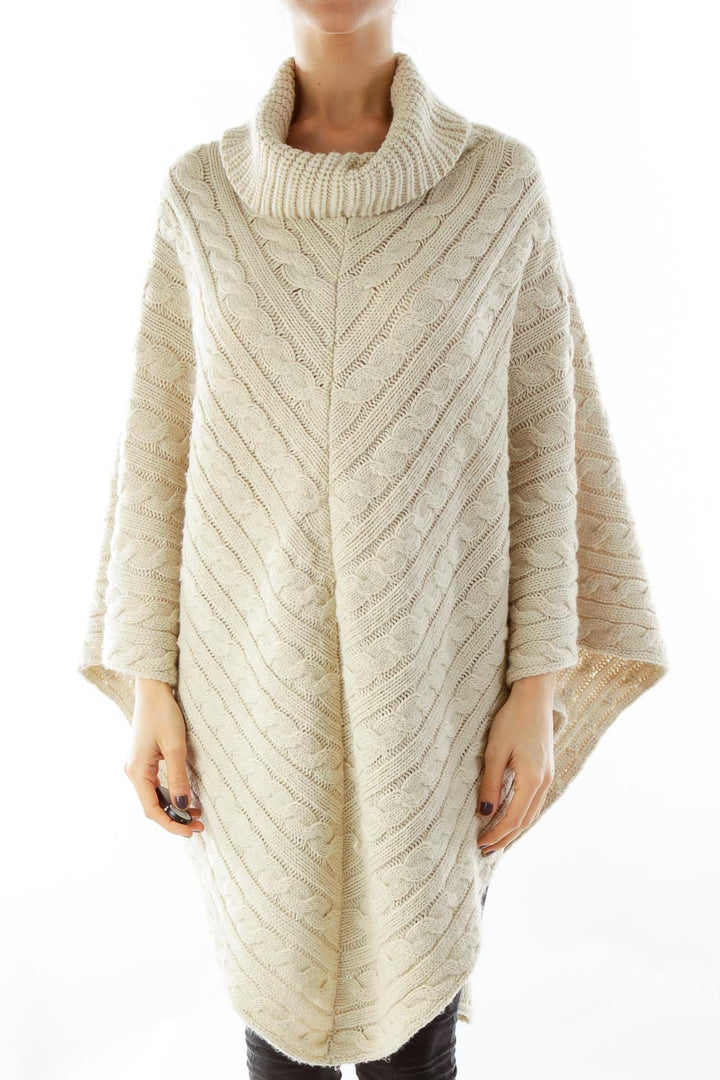 Beige Knit Turtle Neck Poncho