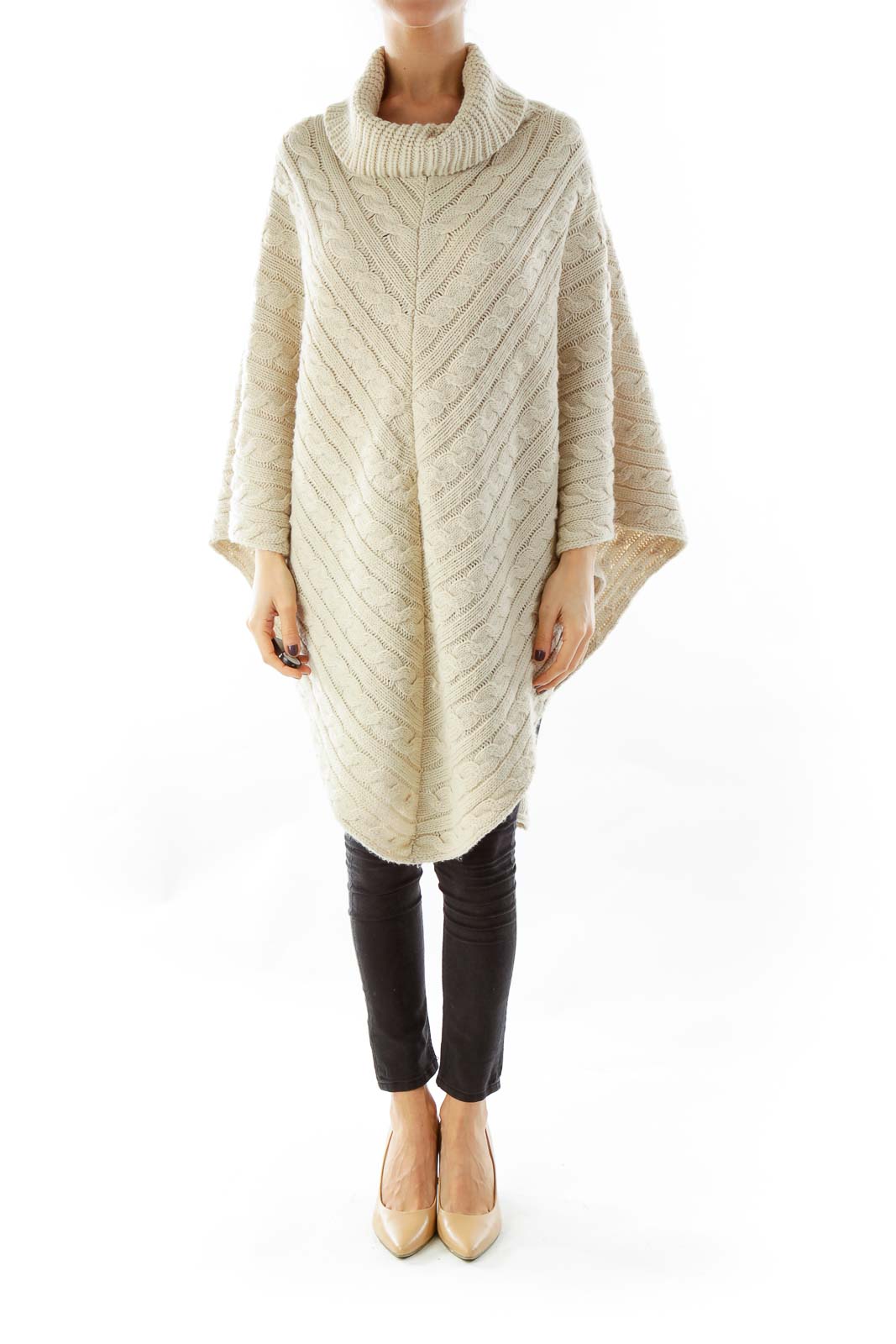 Beige Knit Turtle Neck Poncho