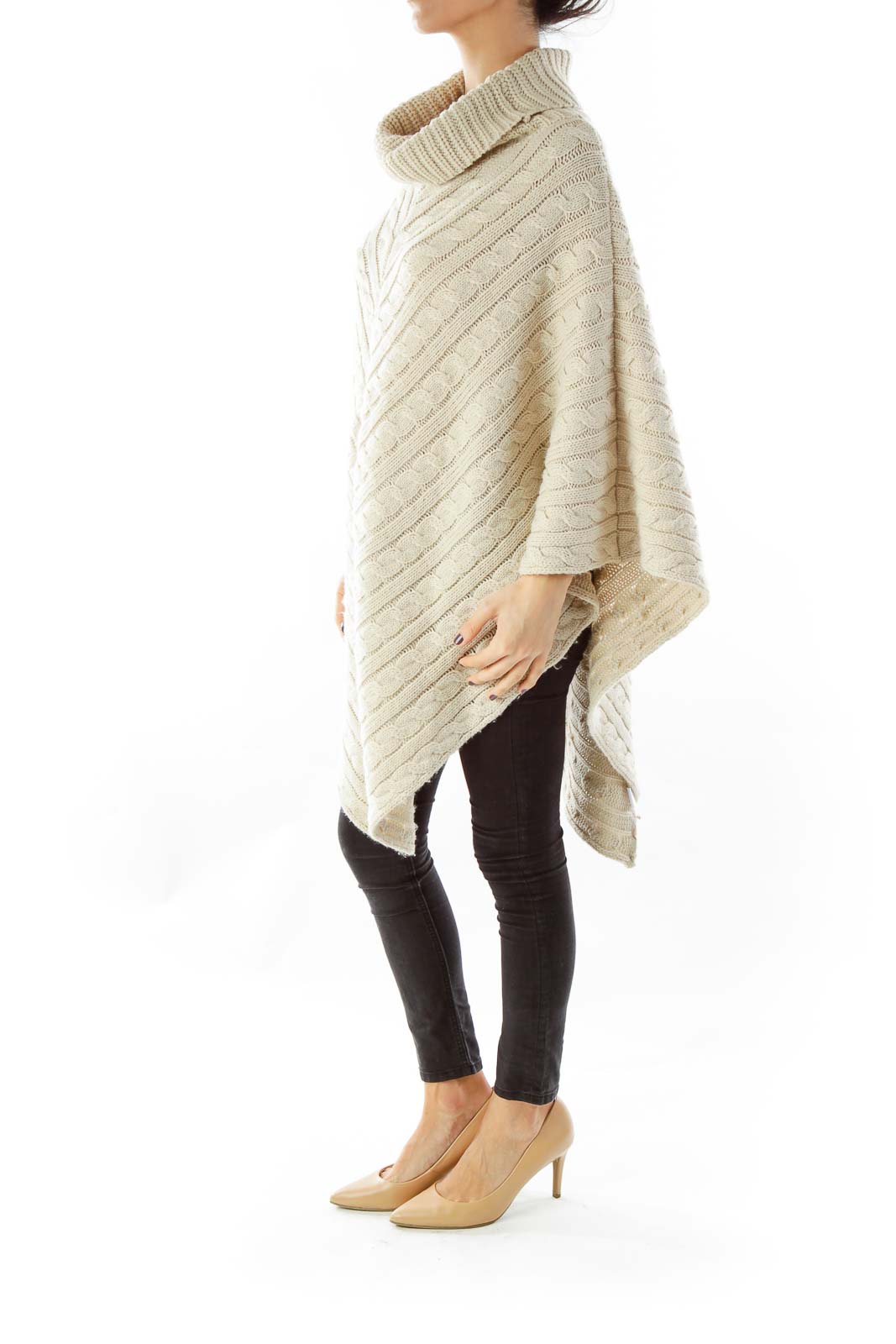 Beige Knit Turtle Neck Poncho