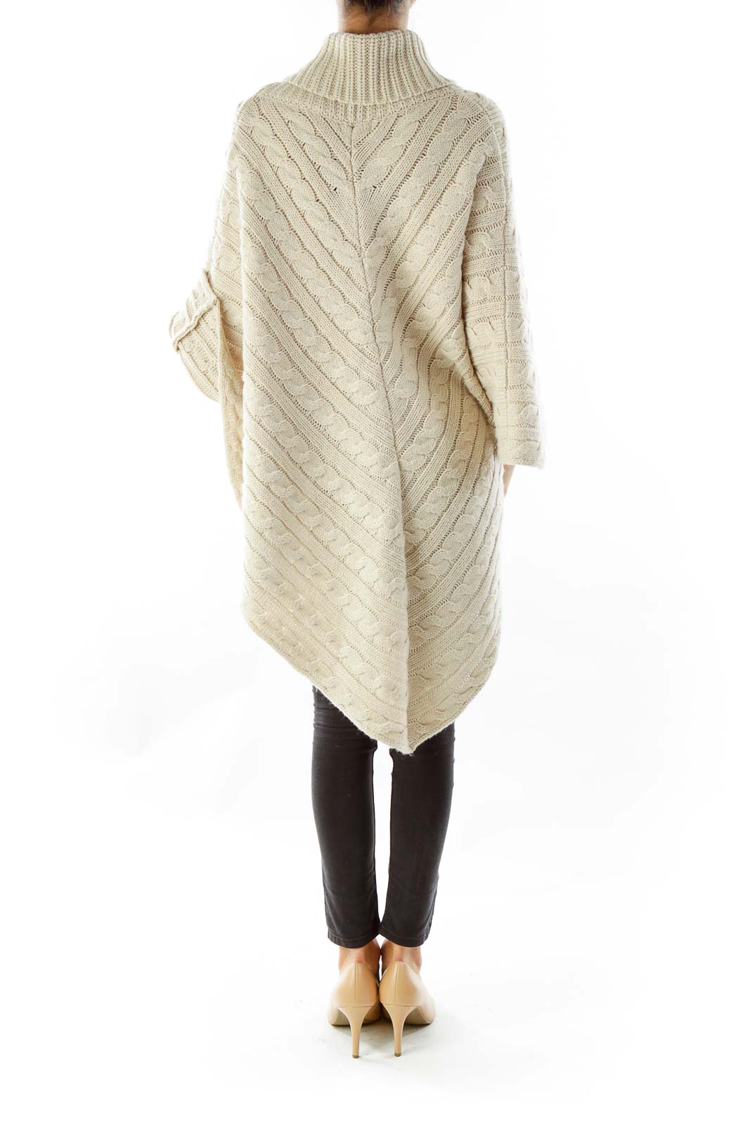 Beige Knit Turtle Neck Poncho