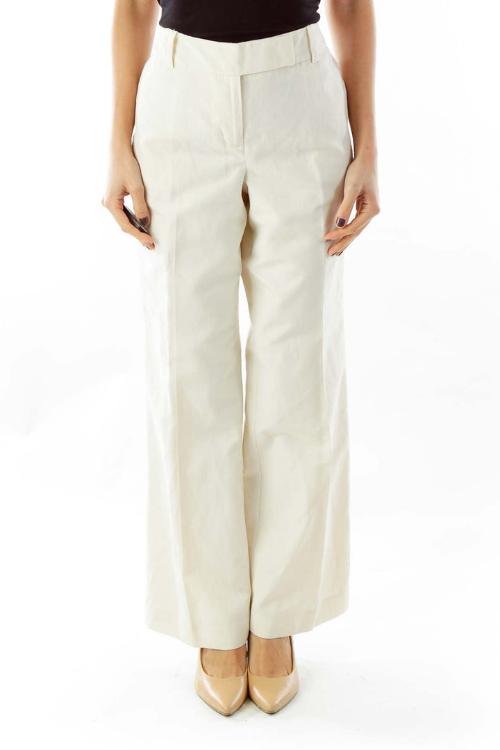 Beige Canvas Straight-Leg Pants