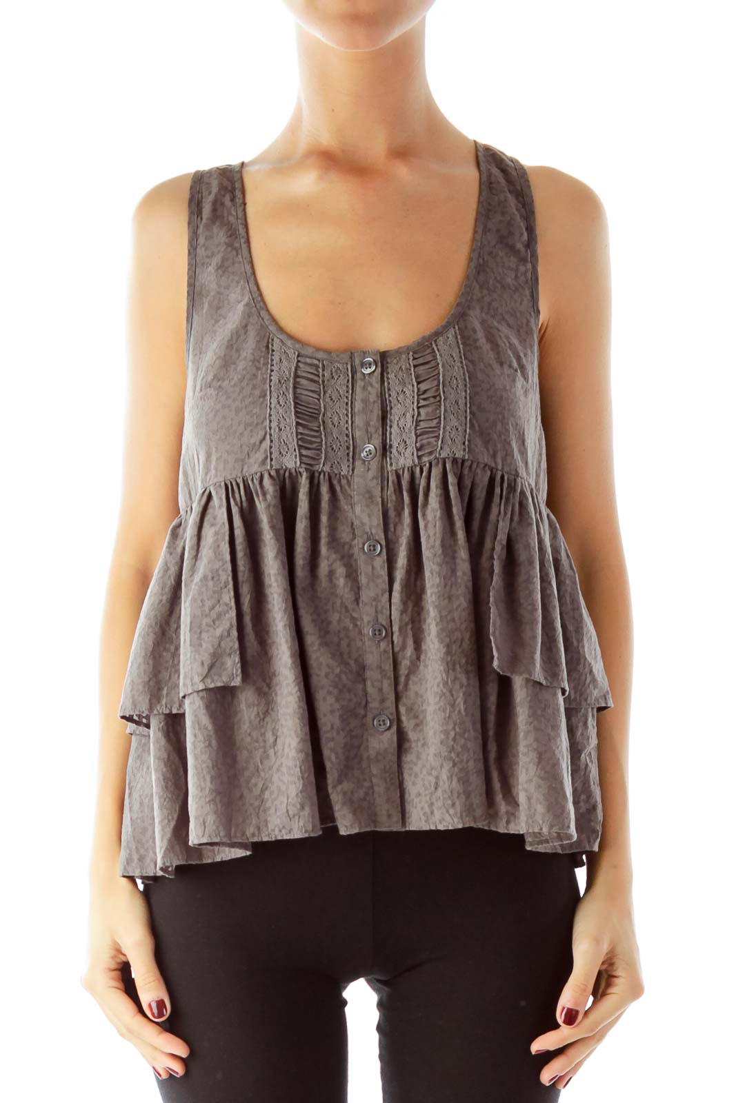 Front view of gray Free People tank top with button-front and ruffles