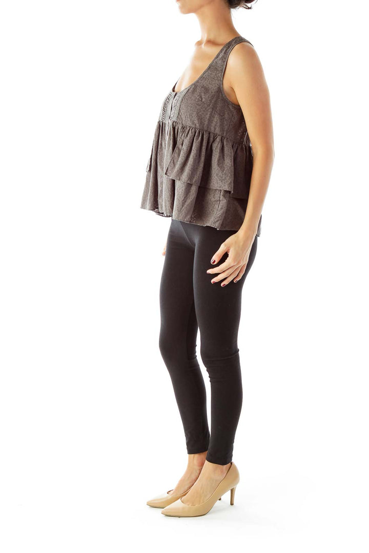 Front view of gray Free People tank top with button-front and ruffles