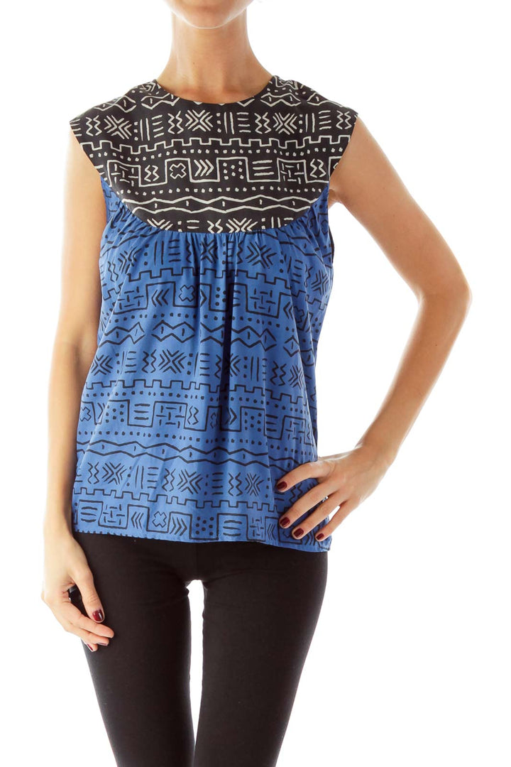 Black Blue Tribal Print Blouse