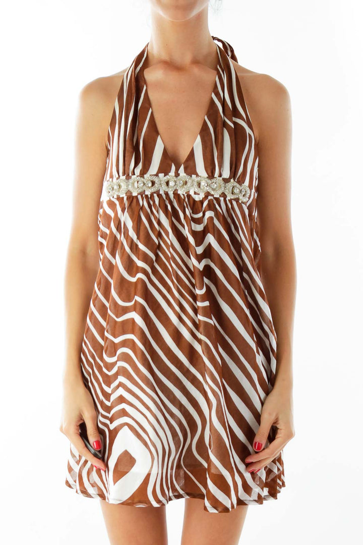 Brown Creme Zebra Print Halter Dress