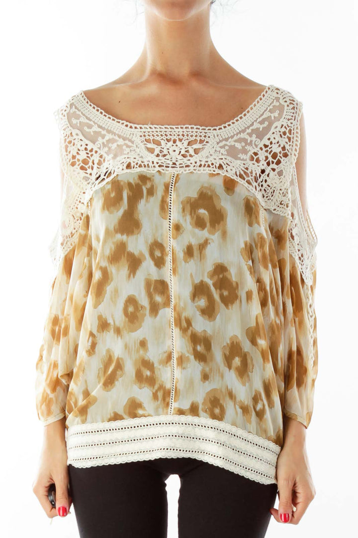 Brown Cream Lace Cold Shoulder Blouse