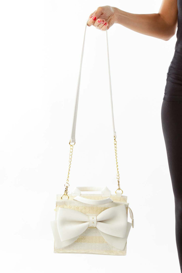 Beige & White Bow Shoulder Bag