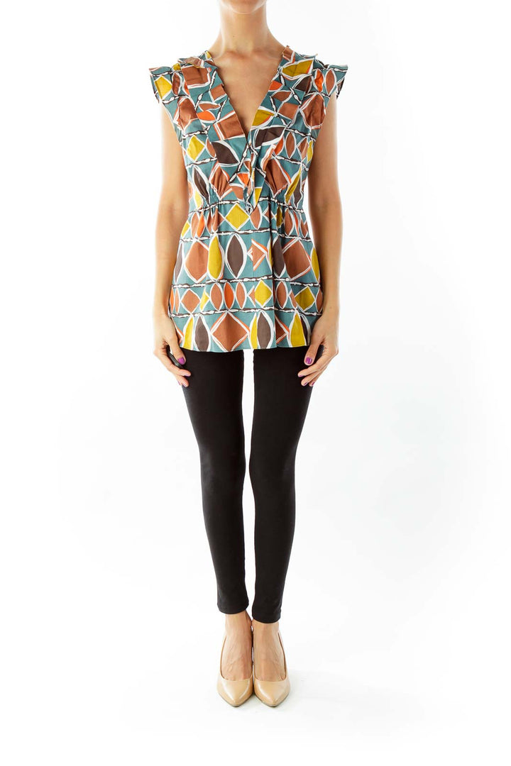 Brown Printed V-Neck Scrunch Top