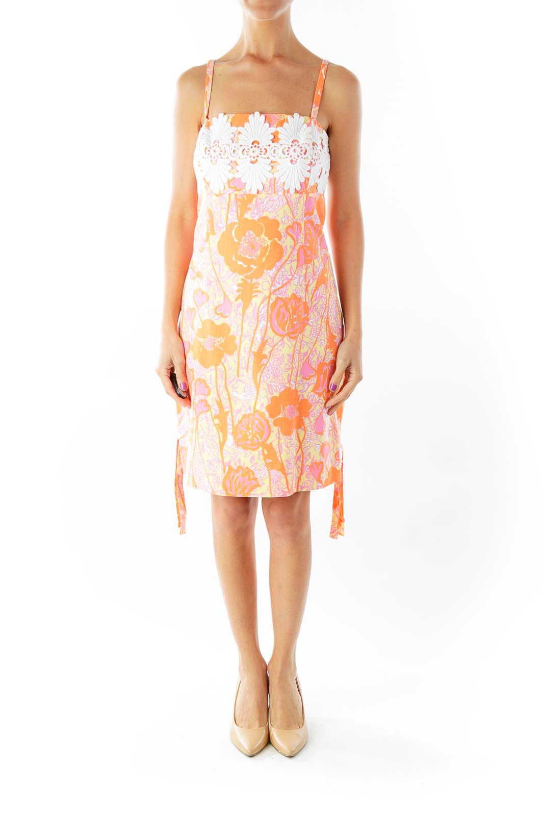 Pink Orange Embroidered Detail Day Dress