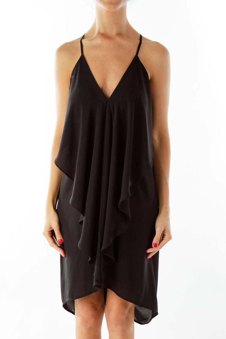 Black Ruffled Drape Cocktail Dress