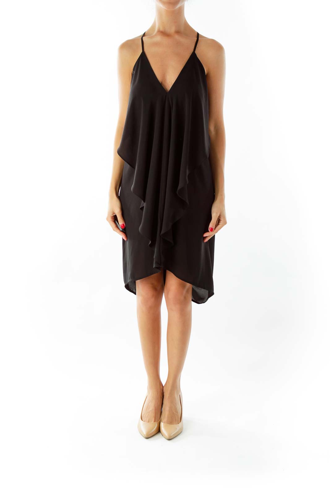 Black Ruffled Drape Cocktail Dress