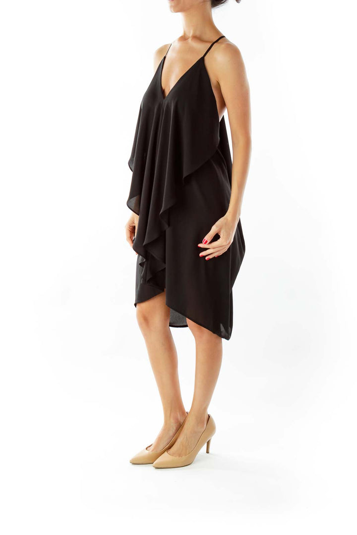 Black Ruffled Drape Cocktail Dress