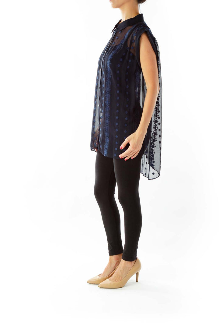 Black Blue Sheer Embroidered Sleeveless Blouse