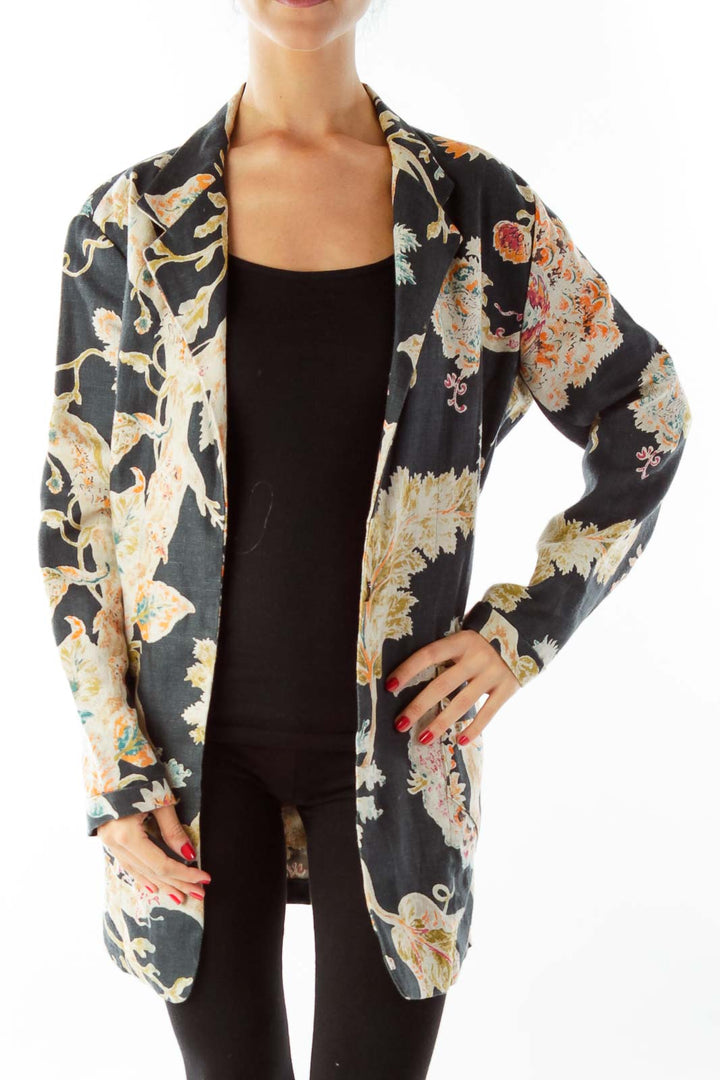 Blue Brown Canvas Flower Print Blazer