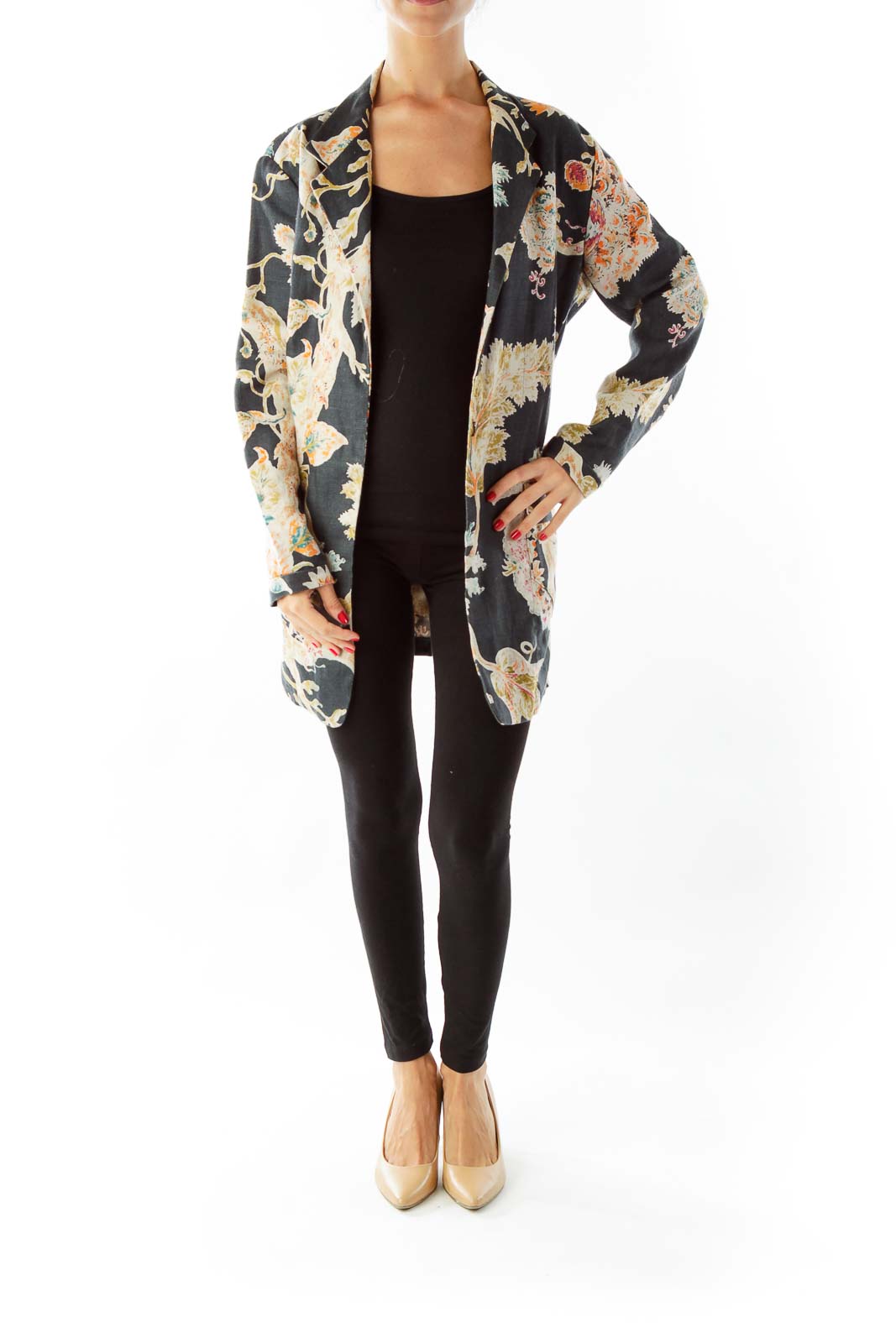 Blue Brown Canvas Flower Print Blazer