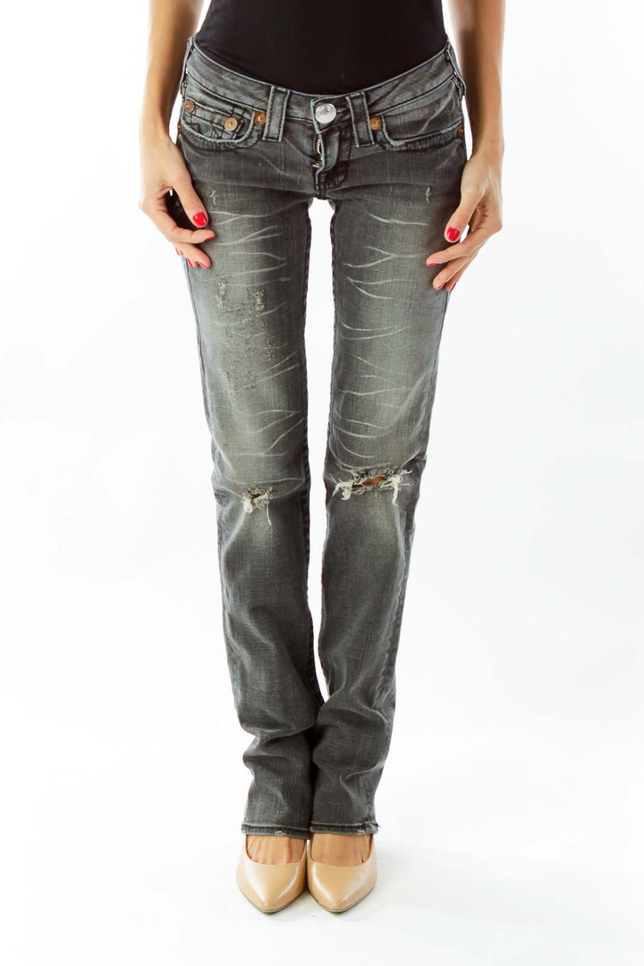 Black Distressed Straight Leg Jeans