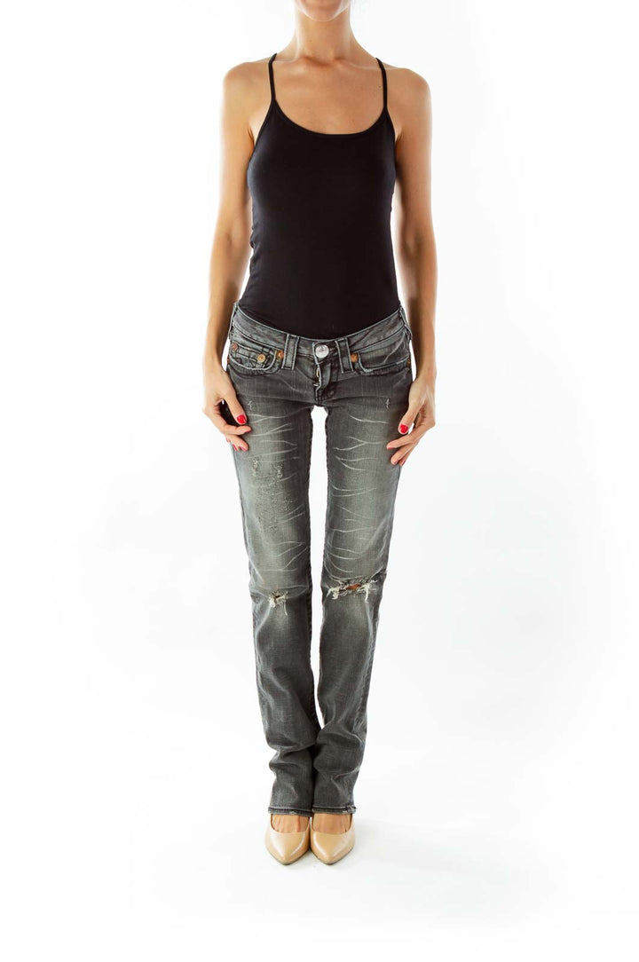 Black Distressed Straight Leg Jeans