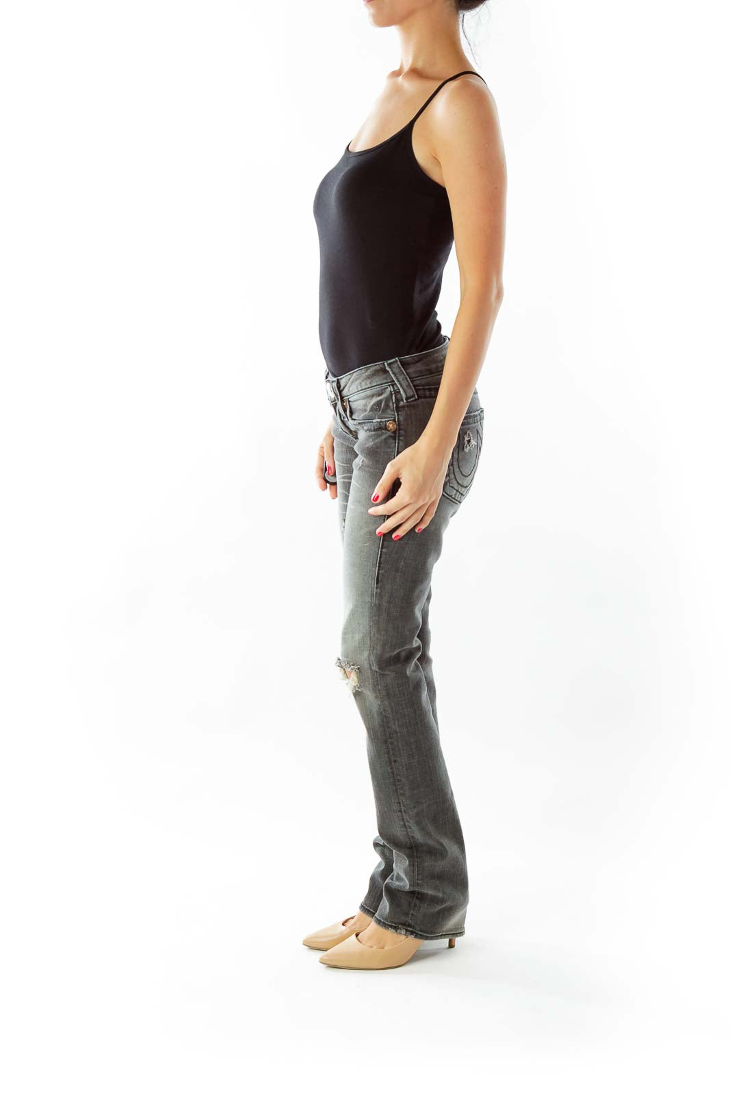 Black Distressed Straight Leg Jeans