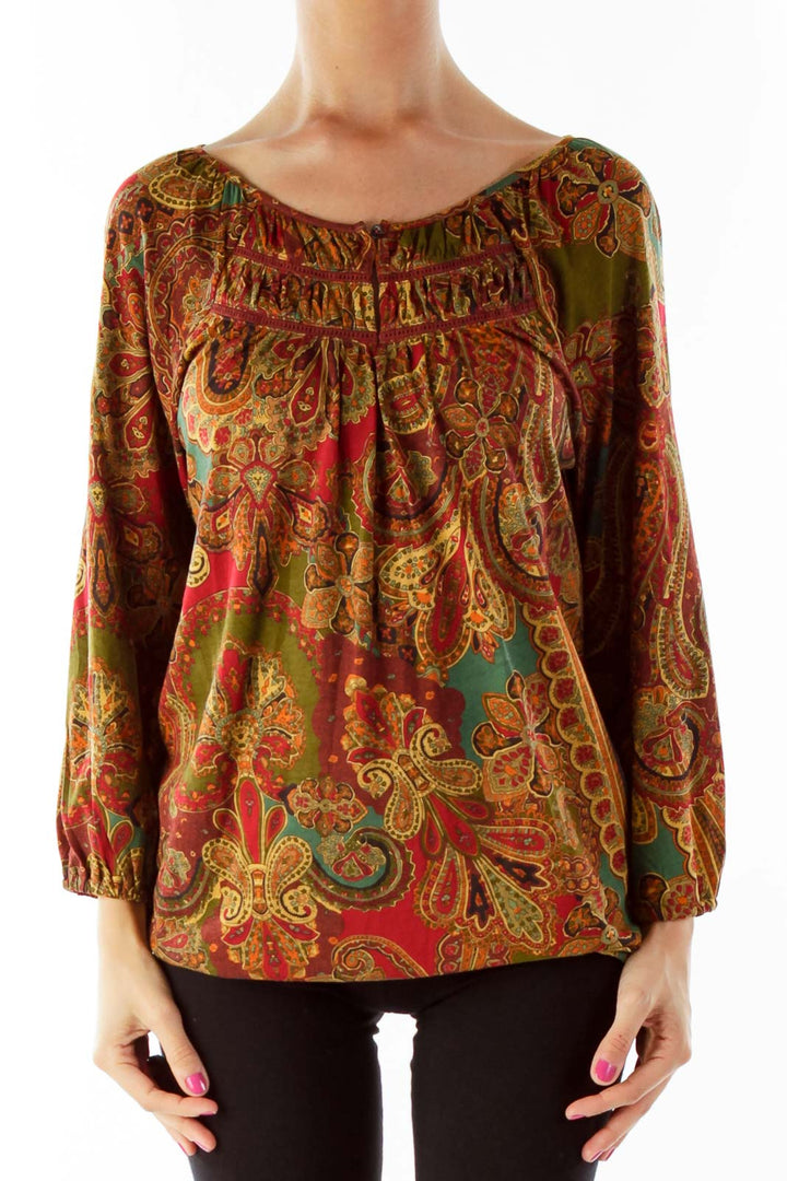 Red Green Paisley Print Blouse