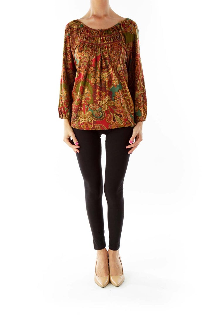 Red Green Paisley Print Blouse