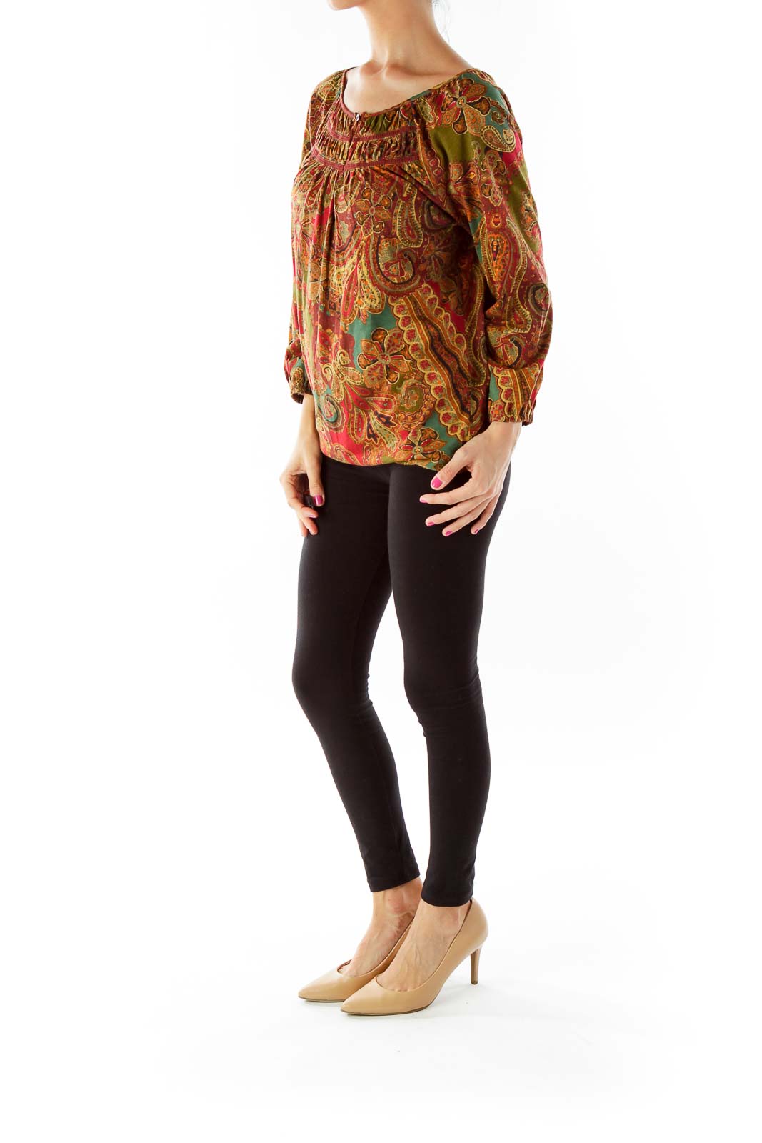 Red Green Paisley Print Blouse