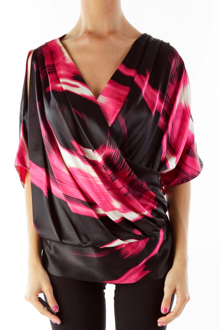 Black Pink Satin Printed Blouse