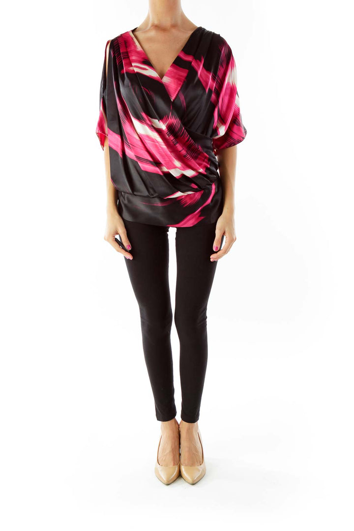 Black Pink Satin Printed Blouse