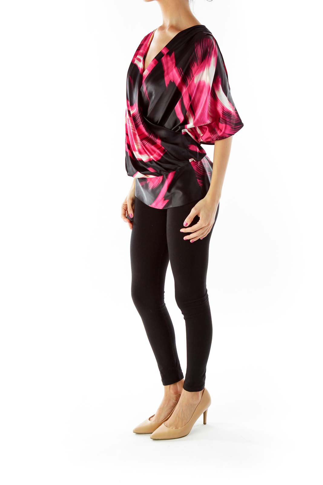 Black Pink Satin Printed Blouse