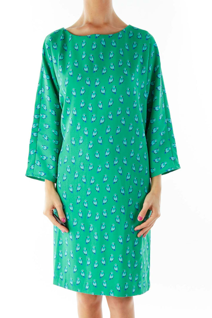 Green Blue Penguin Print Shift Dress