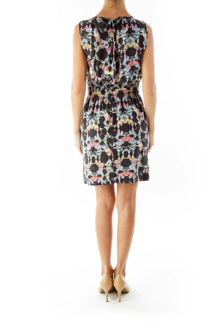 Black Scrunch Multicolor Print Day Dress