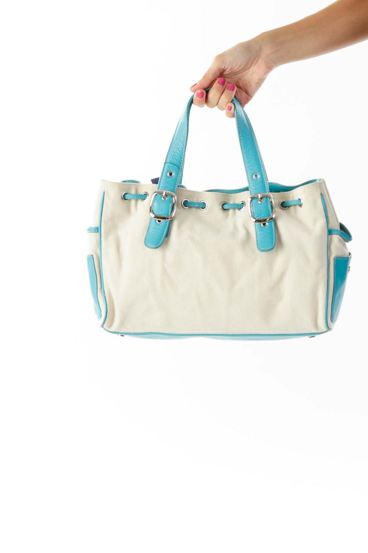 Beige Blue Canvas Satchel