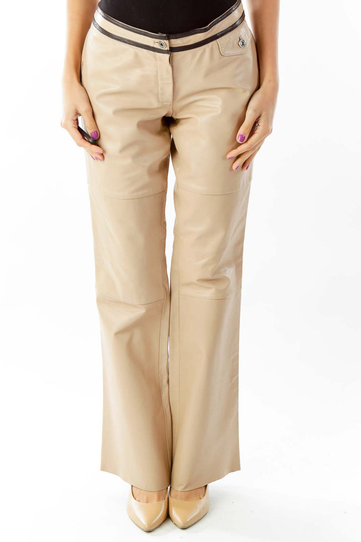 Beige Leather Flared Pants