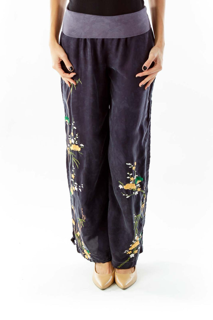 Navy Embroidered Wide-Leg Pants