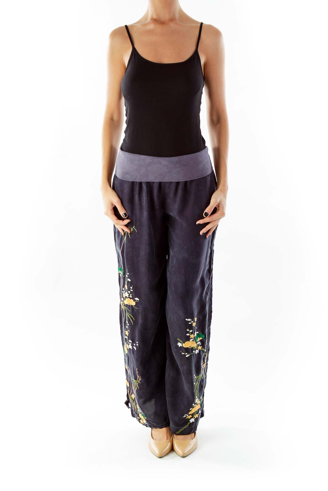 Navy Embroidered Wide-Leg Pants