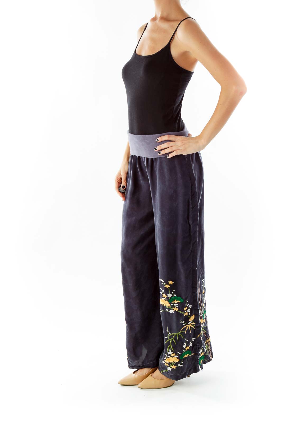 Navy Embroidered Wide-Leg Pants