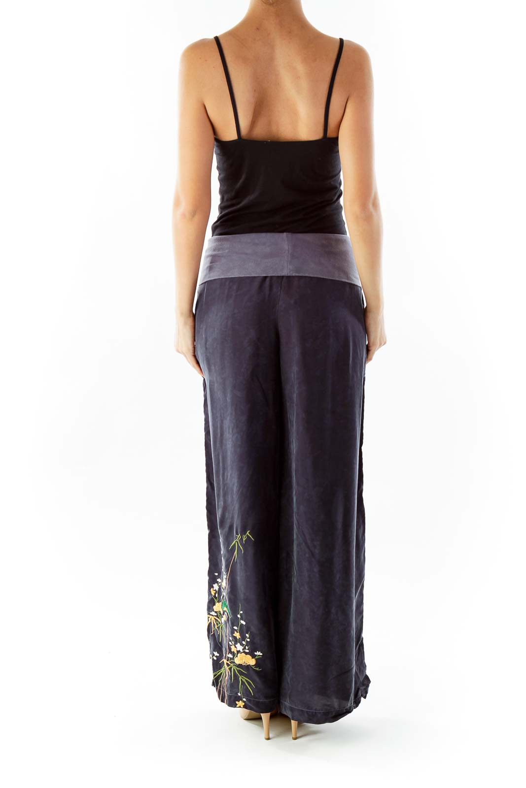 Navy Embroidered Wide-Leg Pants