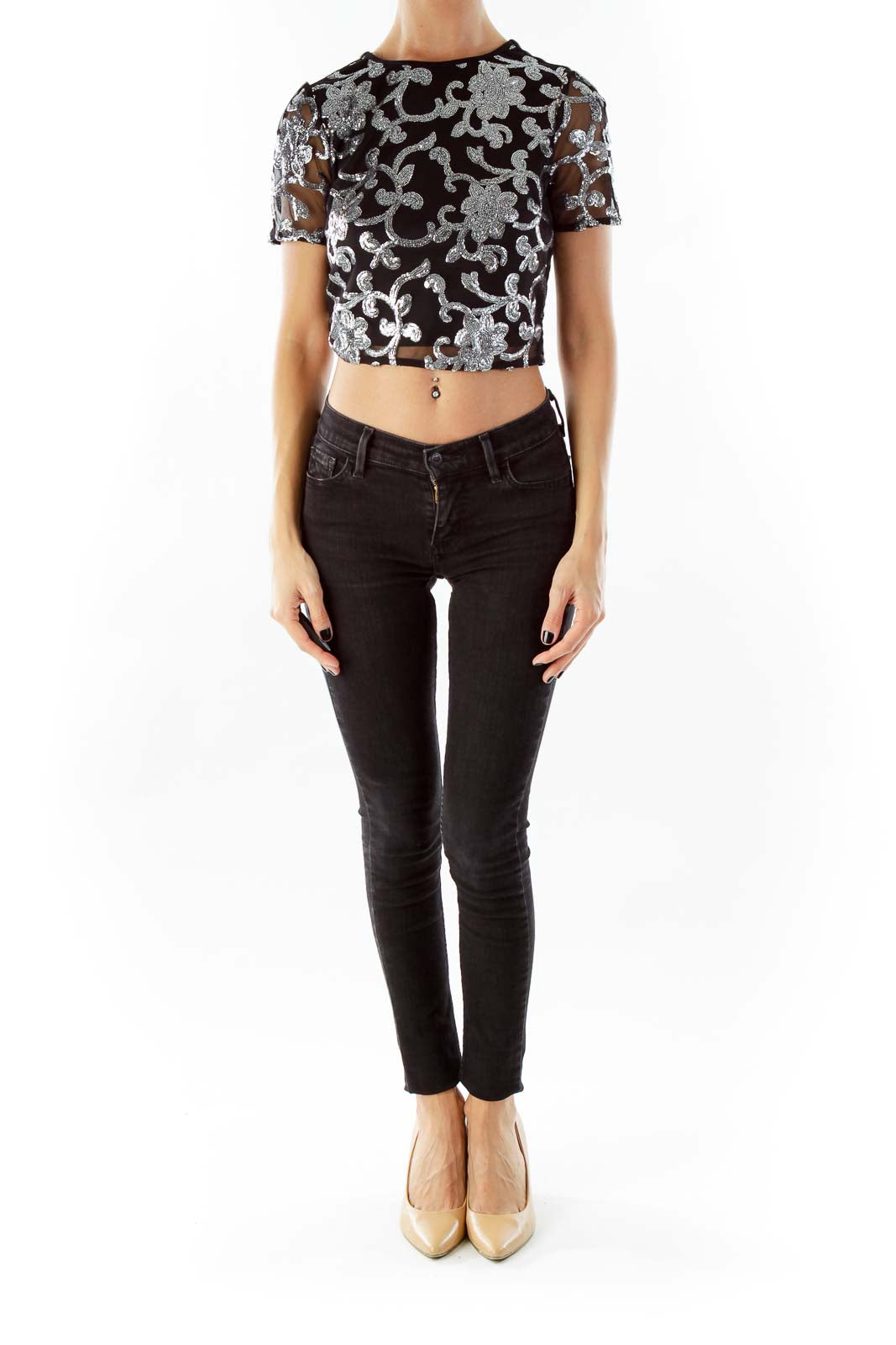 Black Silver Sequin Embroidered Crop Top