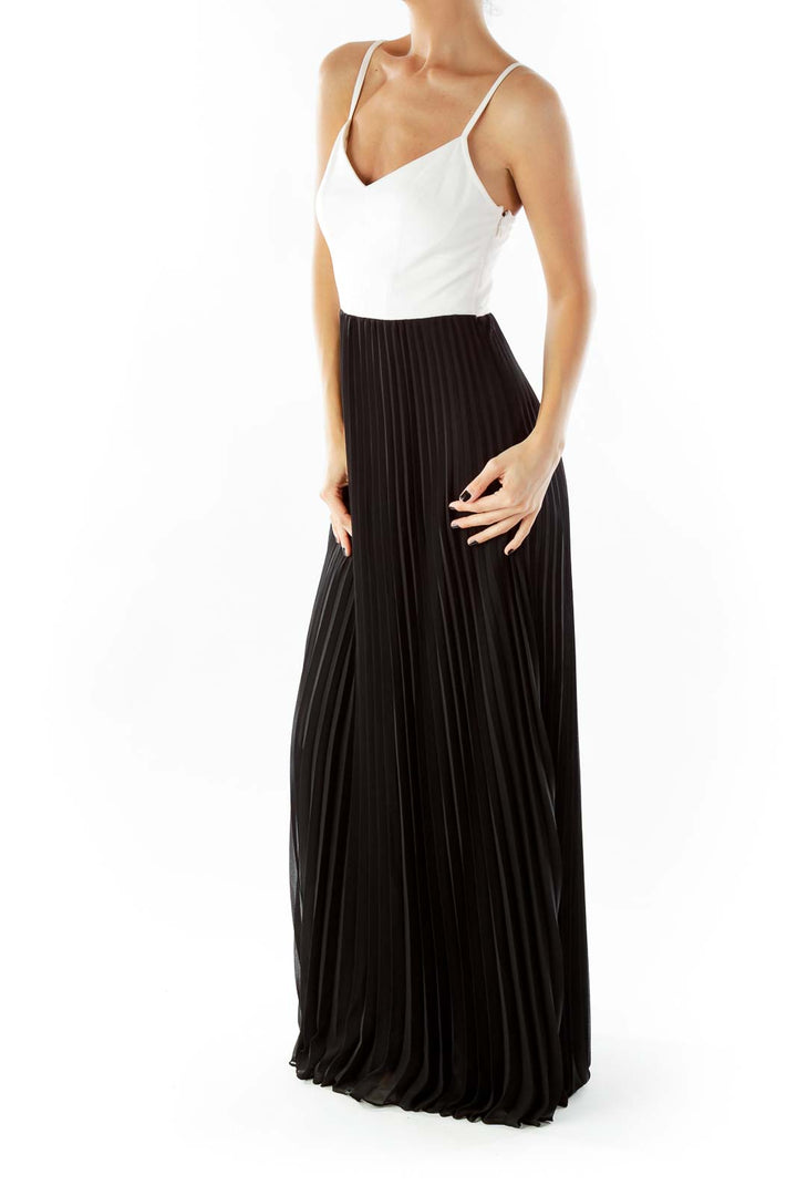 Cream Black Pleated Maxi Dress