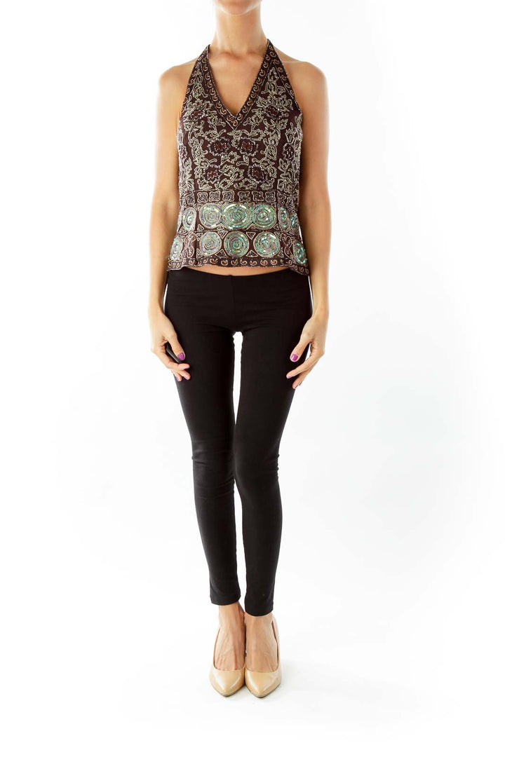 Brown Beaded Lace up Halter Top